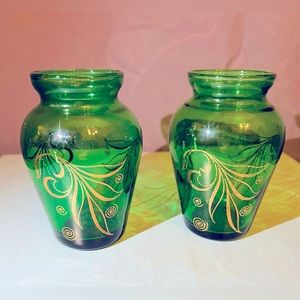 Anchor Hocking Mid Century Miniature Green Glass Gold Detail Painted Bud Vase